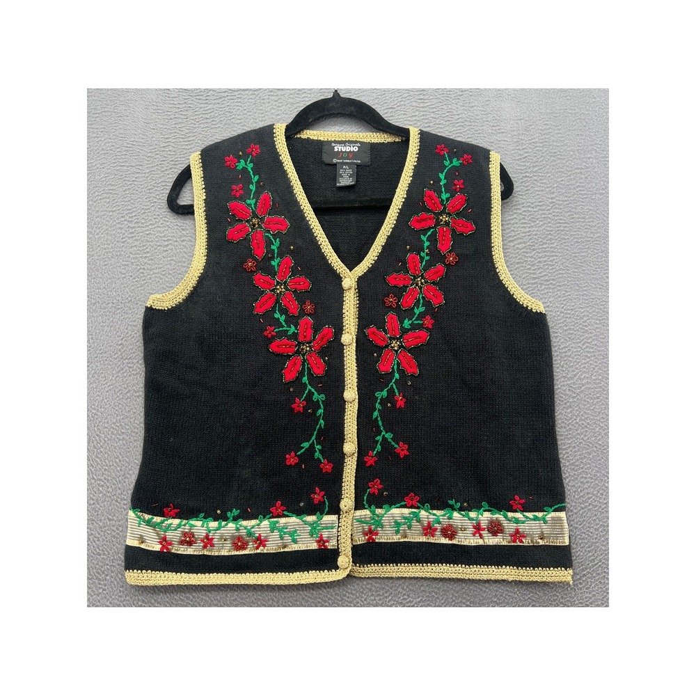 Designers Originals Studio Joy Sweater Vest Sz L Black Beaded Holly Gold Trim